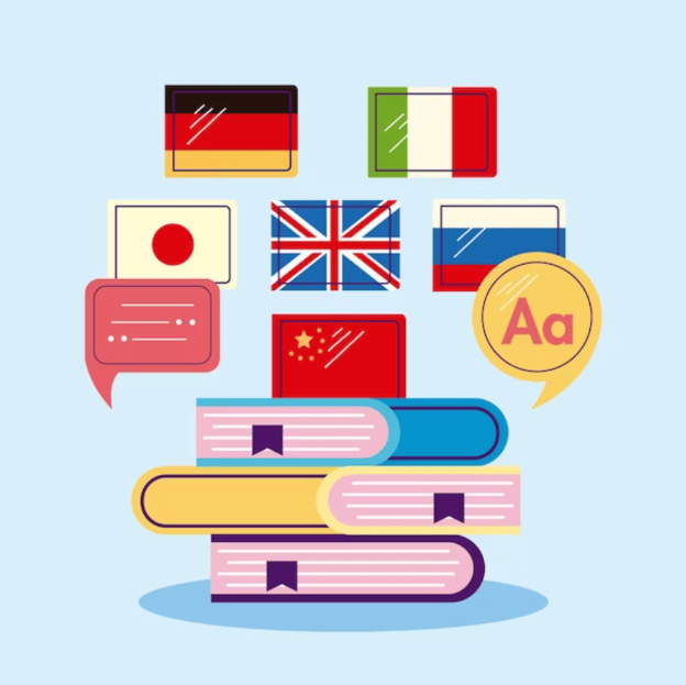book and flags for languages